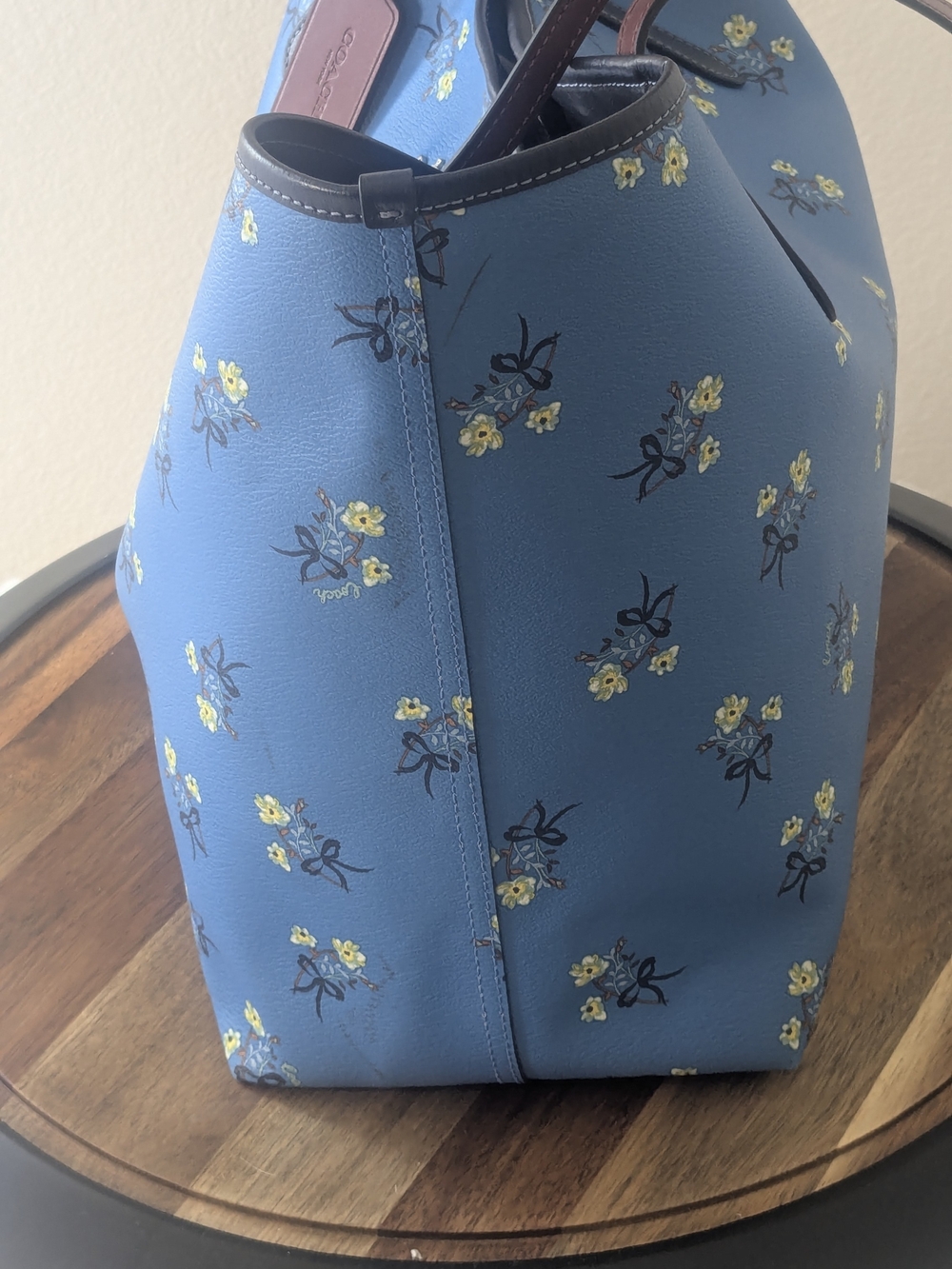 Coach City Tote Blue Floral Bow Print Pebbled Leather Shoulder Bag Large - Picture 7 of 16
